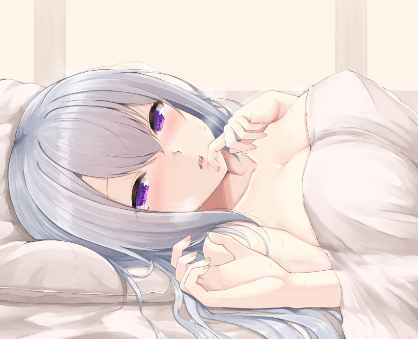 1girl absurdres bed bed_sheet blush breasts cleavage dated finger_to_mouth hair_between_eyes hair_down highres higuchi_kaede indoors large_breasts long_hair looking_at_viewer lying mole mole_under_eye naked_sheet nijisanji nude on_back open_mouth parted_lips pillow pink_nails purple_eyes signature silver_hair solo sweat temari_rin under_covers upper_body virtual_youtuber