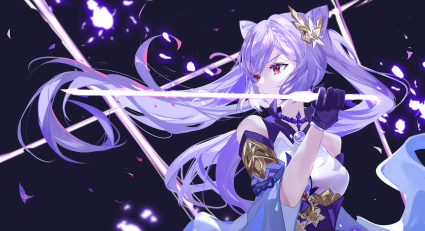 1girl bangs bare_shoulders black_background braid breasts chinese_commentary choker commentary_request detached_sleeves dress genshin_impact gloves hair_cones hair_ornament highres holding holding_sword holding_weapon keqing_(genshin_impact) large_breasts mixed-language_commentary purple_choker purple_dress purple_gloves purple_hair red_eyes solo sword twintails vardan weapon