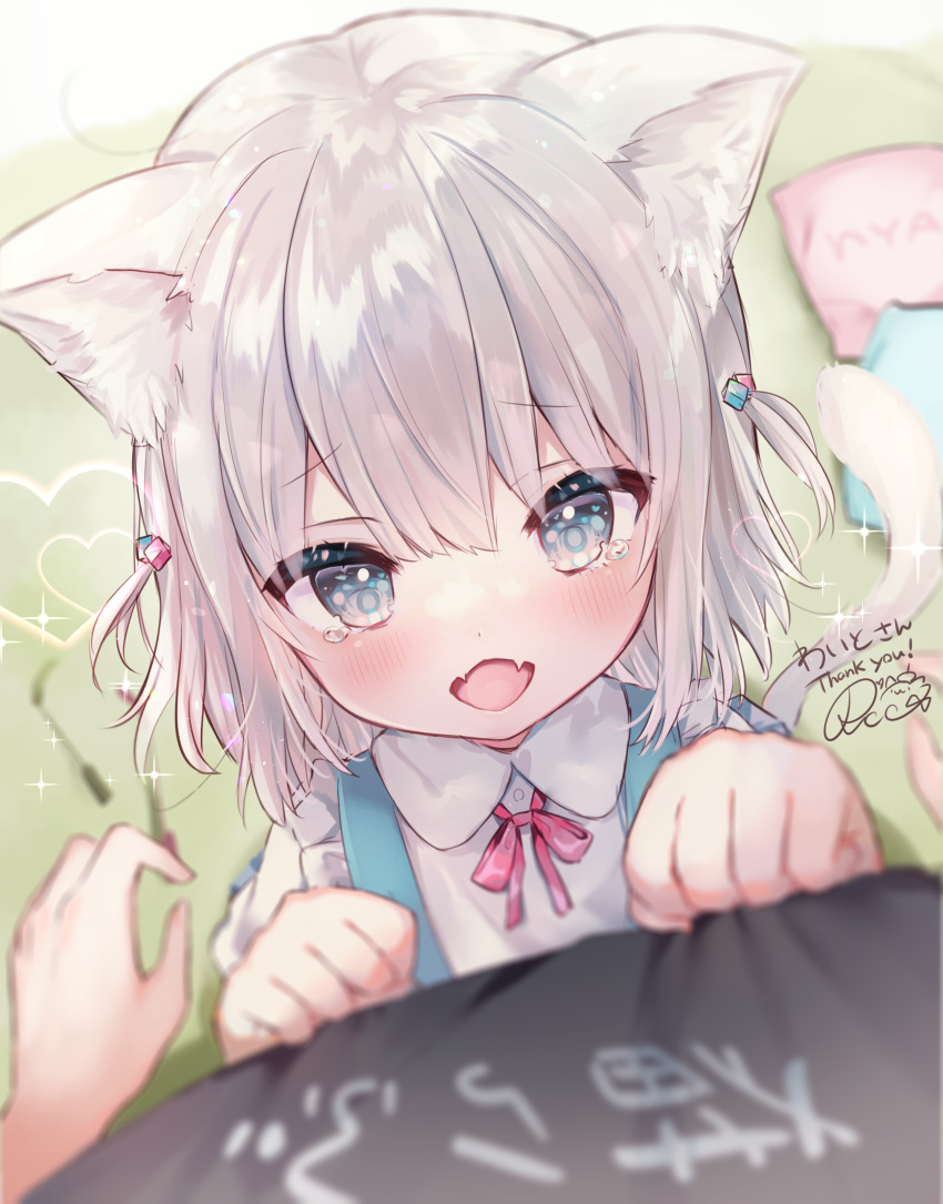 1girl absurdres animal_ear_fluff animal_ears bangs black_shirt blue_eyes blush bow cat_ears cat_girl cat_tail clothes_pull collared_shirt commentary_request eyebrows_visible_through_hair fangs grey_hair hair_between_eyes hair_cubes hair_ornament hands_up highres looking_at_viewer open_mouth original pillow pink_bow pov rukako shirt signature solo_focus suspenders tail tears translated two_side_up white_shirt