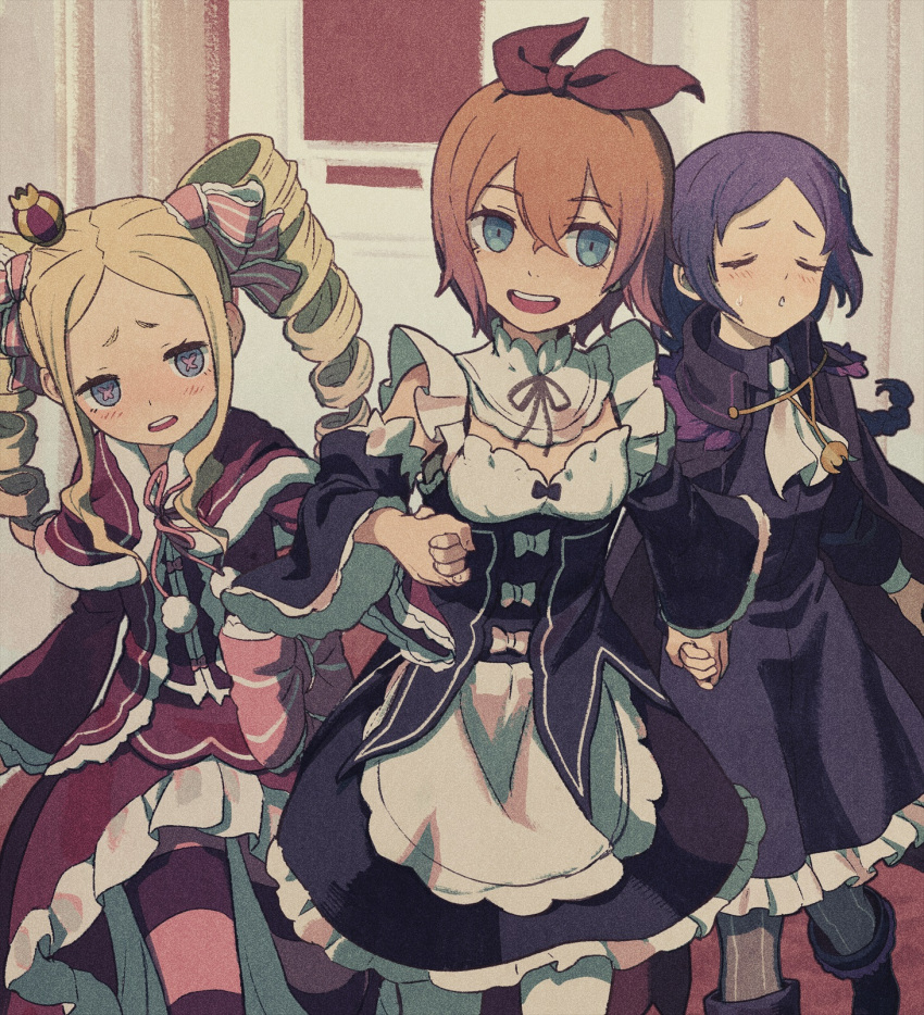 3girls bangs beatrice_(re:zero) blonde_hair blue_eyes blush bow capelet character_request commentary_request crown detached_sleeves dress drill_hair eyelashes frills hair_between_eyes hair_ribbon highres holding_hand indoors iwamushi long_hair long_sleeves looking_at_viewer maid mini_crown multiple_girls open_mouth orange_hair pantyhose petra_leyte purple_hair re:zero_kara_hajimeru_isekai_seikatsu ribbon roswaal_mansion_maid_uniform sidelocks smile striped striped_legwear symbol-shaped_pupils twin_drills twintails upper_teeth