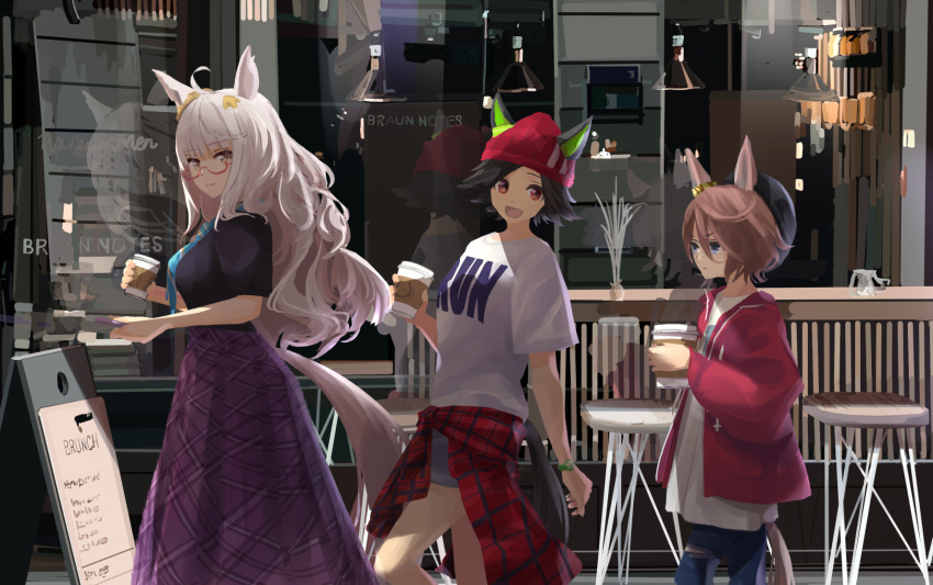 3girls :d animal_ears beanie beret biwa_hayahide_(umamusume) black_hair black_headwear black_shirt blue_pants breasts brown_eyes cellphone chef_no_kimagure_salad clothes_around_waist coffee_cup commentary_request cup day disposable_cup ears_through_headwear english_text hat highres holding holding_cup holding_phone horse_ears horse_girl horse_tail jacket looking_at_viewer medium_breasts menu_board multiple_girls narita_taishin_(umamusume) open_clothes open_jacket open_mouth outdoors pants phone pleated_skirt purple_skirt red-framed_eyewear red_eyes red_headwear red_jacket semi-rimless_eyewear shirt skirt smile table tail torn_clothes torn_pants umamusume under-rim_eyewear white_hair white_shirt window winning_ticket_(umamusume)