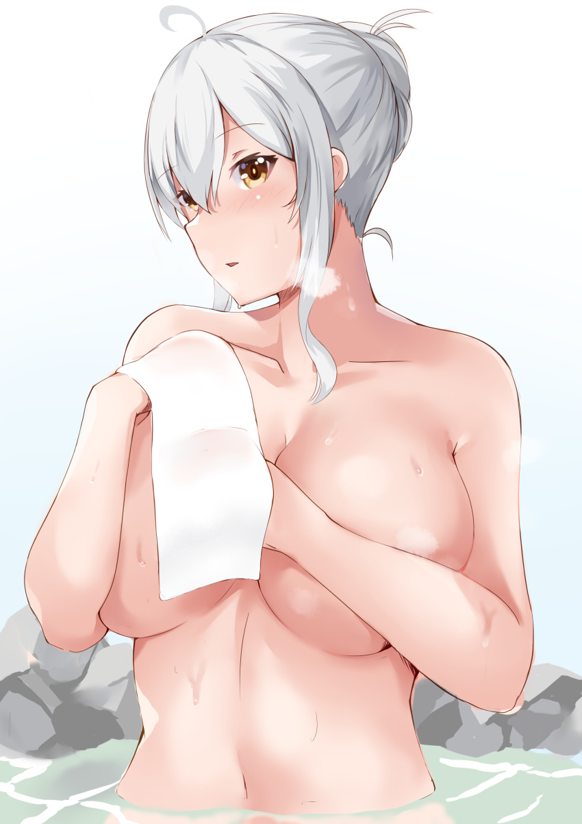 1girl absurdres ahoge bangs blush breasts brown_eyes collarbone covering covering_breasts dripping eyebrows_visible_through_hair hair_between_eyes hair_bun hands_up highres holding holding_towel large_breasts nude onsen original parted_lips partially_submerged sidelocks solo steam towel upper_body wang22255 water wet white_hair white_towel