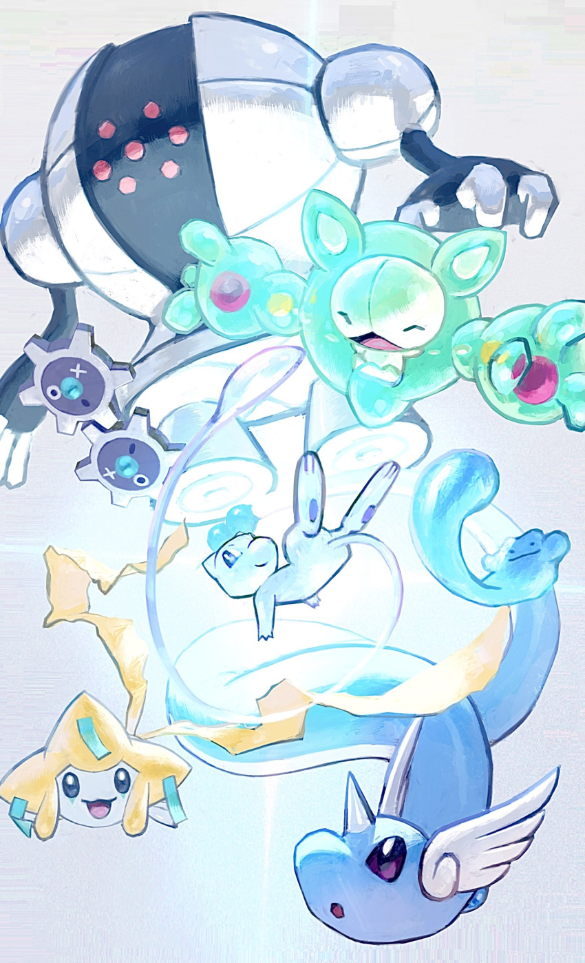 :d :o absurdres af_(afloatisland) blue_eyes closed_eyes closed_mouth ditto dragonair gen_1_pokemon gen_3_pokemon gen_5_pokemon grey_background highres jirachi klink legendary_pokemon mew mythical_pokemon open_mouth pokemon pokemon_(creature) registeel reuniclus smile symbol_commentary tongue