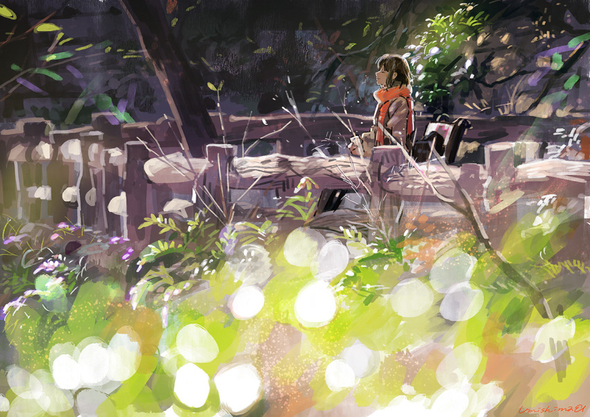 1girl blurry blurry_foreground brown_hair closed_eyes commentary_request fence leaf original outdoors plant profile red_scarf scarf solo umishima_senbon upper_body wide_shot