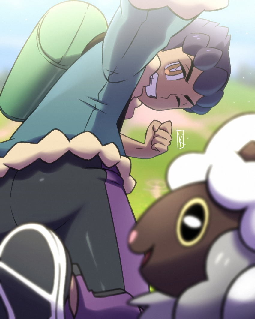 1boy absurdres bag bangs black_pants blurry clenched_hand commentary dark-skinned_male dark_skin day duffel_bag fur-trimmed_jacket fur_trim gen_8_pokemon green_bag grin highres hop_(pokemon) jacket kyon_(artist) male_focus one_eye_closed outdoors pants pokemon pokemon_(creature) pokemon_(game) pokemon_swsh purple_hair shoes short_hair smile wooloo yellow_eyes