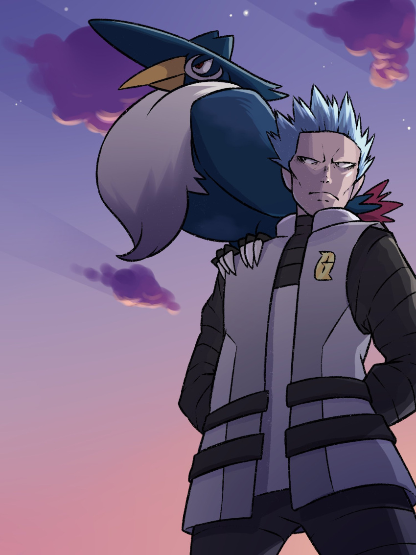 1boy arms_behind_back bird blue_hair closed_mouth cloud cyrus_(pokemon) from_below frown gen_4_pokemon highres honchkrow kyon_(artist) male_focus on_shoulder outdoors pokemon pokemon_(creature) pokemon_(game) pokemon_dppt pokemon_on_shoulder short_hair sky sleeveless sleeveless_jacket spiked_hair team_galactic twilight