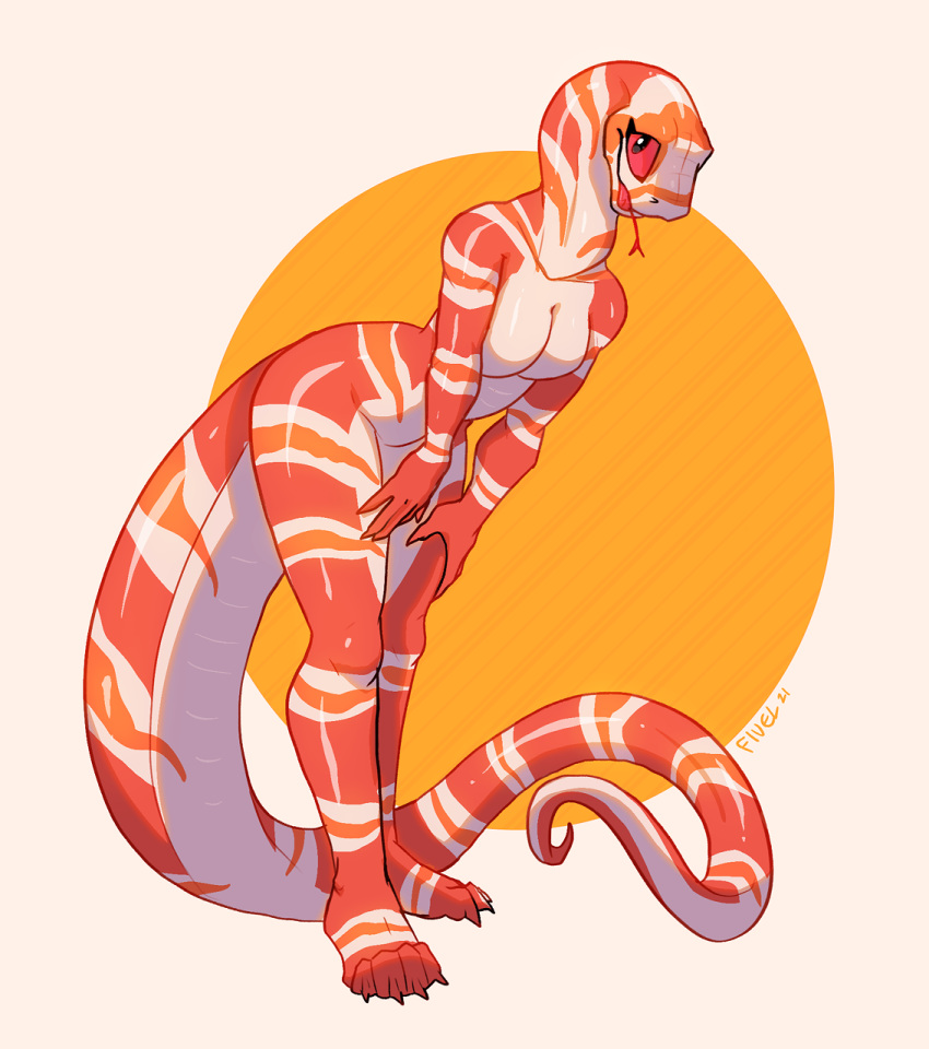 2021 anthro breasts digital_media_(artwork) featureless_breasts female fivel hi_res non-mammal_breasts open_mouth red_eyes reptile scalie simple_background snake solo standing tongue