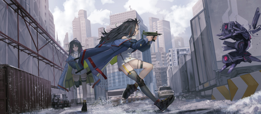 2girls absurdres ahoge bandaid bandaid_on_nose bangs black_hair c-ms_(girls_frontline) car cbj-ms city clone commentary_request commission damaged dinergate_(girls_frontline) dress firing girls_frontline ground_vehicle gun highres holding holding_gun holding_weapon jacket jeep knee_pads long_hair long_sleeves messy_hair motor_vehicle mouth_hold multiple_girls off_shoulder outdoors red_eyes robot running shipping_container shoes single_thighhigh sleeveless sleeveless_dress sneakers submachine_gun thigh_strap thighhighs timitarcat weapon white_dress