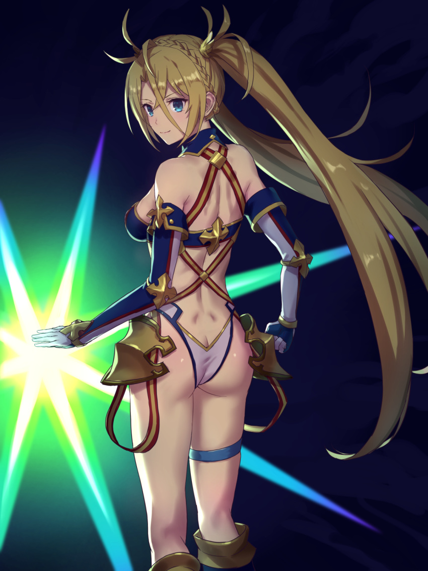 1girl ass back bangs bare_shoulders bikini blonde_hair blue_bikini blue_eyes blue_gloves blush bradamante_(fate) braid breasts crown_braid elbow_gloves energy_barrier energy_shield fate/grand_order fate_(series) faulds gloves highleg highres large_breasts long_hair looking_at_viewer looking_back shouhei smile swimsuit thigh_strap thighs twintails two-tone_bikini two-tone_gloves very_long_hair white_bikini white_gloves