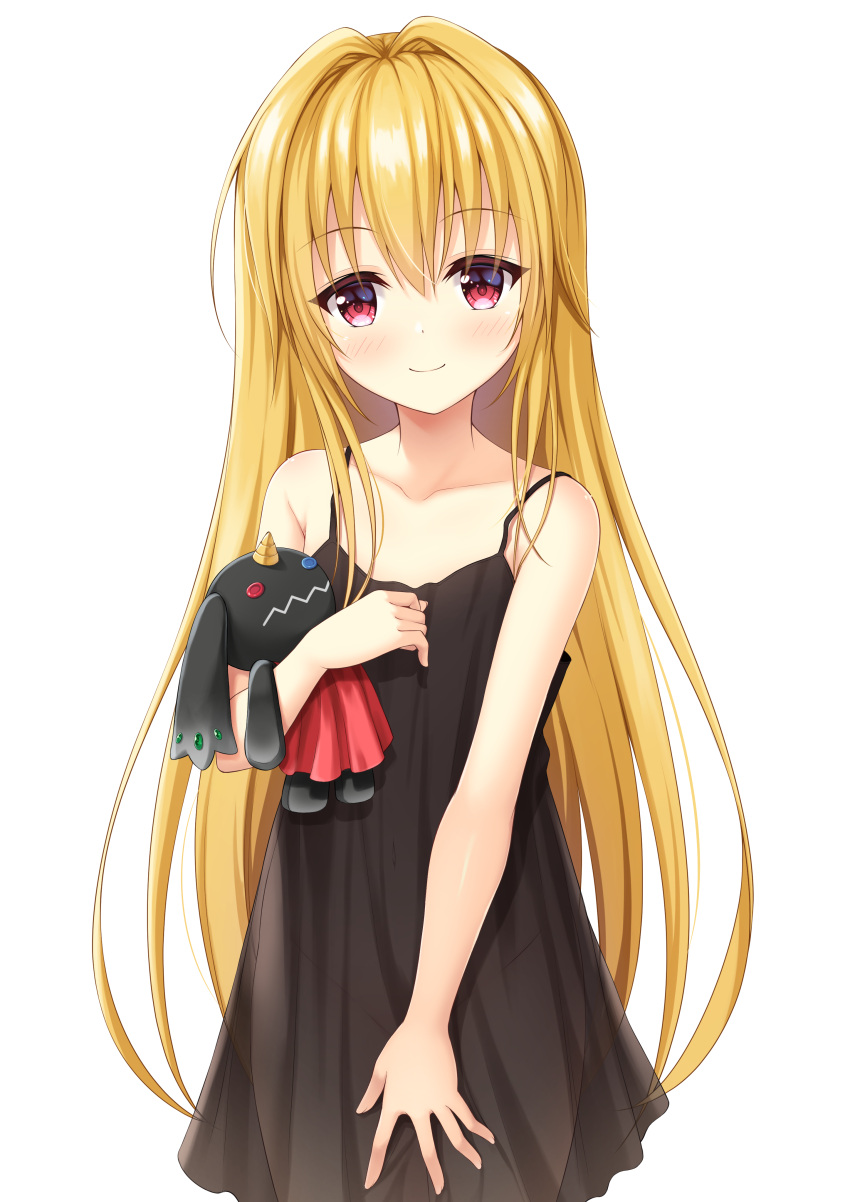 1girl 7fuji_06 absurdres alternate_costume bangs bare_shoulders black_dress blonde_hair blush commentary_request commission covering covering_crotch cowboy_shot dress eyebrows_visible_through_hair groin hair_between_eyes hand_up highres holding holding_stuffed_toy konjiki_no_yami long_hair looking_at_viewer navel no_panties pixiv_request red_eyes see-through smile solo spaghetti_strap stuffed_animal stuffed_bunny stuffed_toy to_love-ru to_love-ru_darkness transparent_background very_long_hair younger