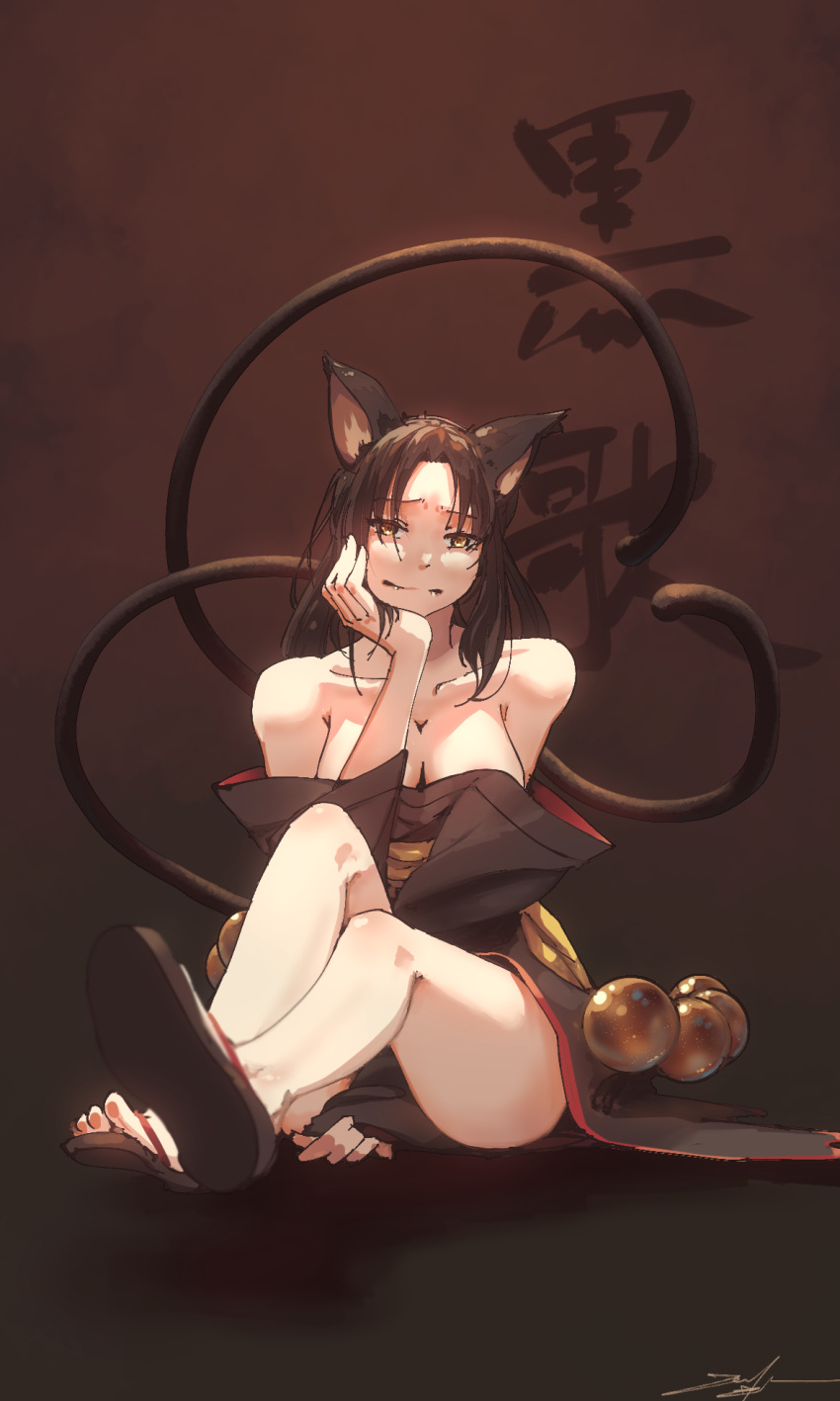 1girl animal_ears bare_shoulders beads brown_background brown_hair brown_theme cat_ears cat_tail closed_mouth collarbone fangs fangs_out high_school_dxd highres kuroka_(high_school_dxd) long_hair multiple_tails off_shoulder signature sitting solo tail two_tails yellow_eyes zeniyan