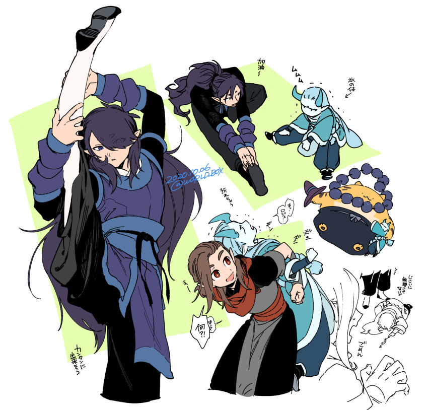 4boys aqua_hair aqua_horns brown_hair commentary_request fengxi_(the_legend_of_luoxiaohei) hair_over_one_eye highres horns jewelry long_hair luozhu_(the_legend_of_luoxiaohei) multiple_boys necklace pointy_ears purple_hair red_eyes split standing standing_on_one_leg standing_split stretch the_legend_of_luo_xiaohei tianhu_(the_legend_of_luoxiaohei) very_long_hair vox xuhuai_(the_legend_of_luoxiaohei)