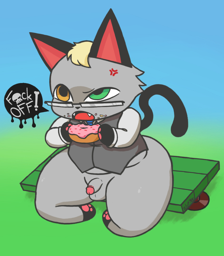 angry animal_crossing anthro bench blonde_hair cat_ear clothed clothing cross-popping_vein dessert domestic_cat doughnut eyewear felid feline felis flaccid food fur genitals glasses grey_body grey_fur hair heterochromia hi_res long_tail male mammal mitten_hands nintendo on_bench partially_clothed pawpads paws penis pink_pawpads profanity raymond_(animal_crossing) sitting small_penis solo speech_bubble thick_thighs topwear video_games zlut385
