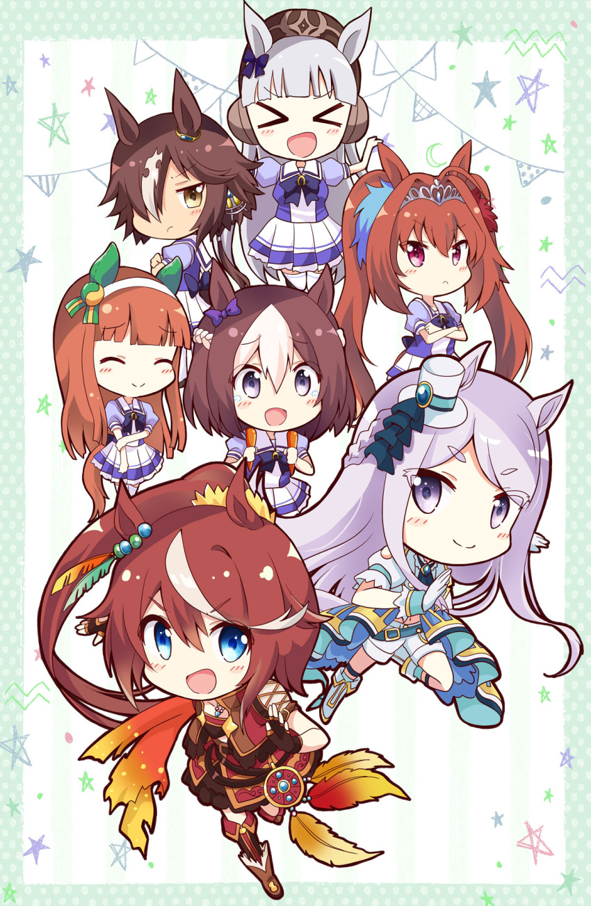 &gt;_&lt; 6+girls :d animal_ears bangs blue_eyes blue_ribbon blunt_bangs blush brown_hair chibi closed_eyes commentary_request crossed_arms daiwa_scarlet_(umamusume) ear_ribbon eyebrows_visible_through_hair gold_ship_(umamusume) hair_over_one_eye hairband hat highres horse_ears horse_girl horse_tail long_hair looking_at_viewer massala mejiro_mcqueen_(umamusume) multicolored_hair multiple_girls open_mouth orange_hair pillbox_hat ponytail purple_eyes purple_hair purple_ribbon red_eyes red_hair ribbon school_uniform short_hair silence_suzuka_(umamusume) skirt smile special_week_(umamusume) streaked_hair tail tiara tokai_teio_(umamusume) tracen_school_uniform twintails umamusume vodka_(umamusume) white_hair white_hairband white_headwear white_skirt yellow_eyes