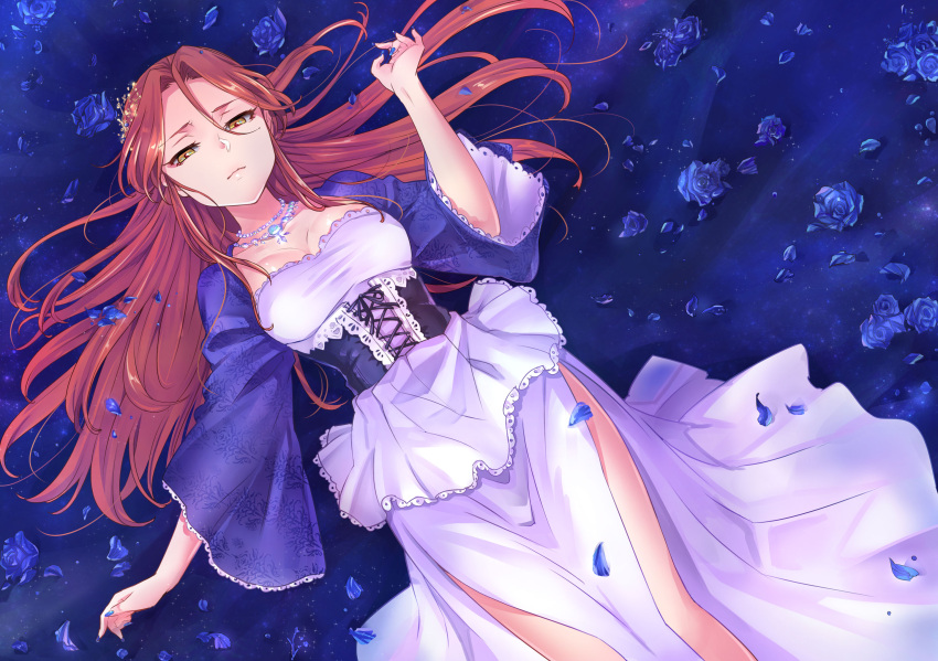 1girl alternate_costume blue_flower blue_nails blue_rose breasts cleavage collarbone corset dress eyelashes fingernails flower hair_spread_out hand_up highres idolmaster idolmaster_cinderella_girls jewelry lips long_hair looking_at_viewer lying medium_breasts nail_polish necklace null_(chronix) on_back orange_hair pearl_necklace petals rose rose_petals shrug_(clothing) side_slit solo white_dress yellow_eyes zaizen_tokiko
