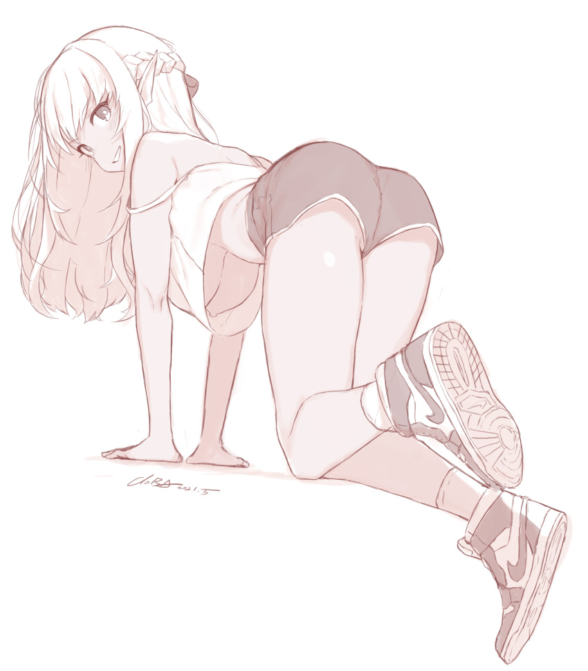 1girl absurdres arm_support artist_name ass bent_over blush braid breasts bright_pupils camisole cloba crop_top from_side full_body grin hanging_breasts highres large_breasts long_hair looking_at_viewer monochrome original pointy_ears shoes short_shorts shorts sidelocks simple_background smile sneakers solo strap_slip underboob white_background work_in_progress