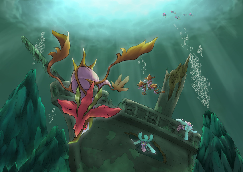 absurdres air_bubble black_eyes blue_eyes bubble colored_sclera dragalge gen_1_pokemon gen_6_pokemon gen_7_pokemon highres looking_at_viewer mareanie no_humans pokemon q-chan red_sclera scenery shipwreck skrelp tentacool underwater yellow_sclera