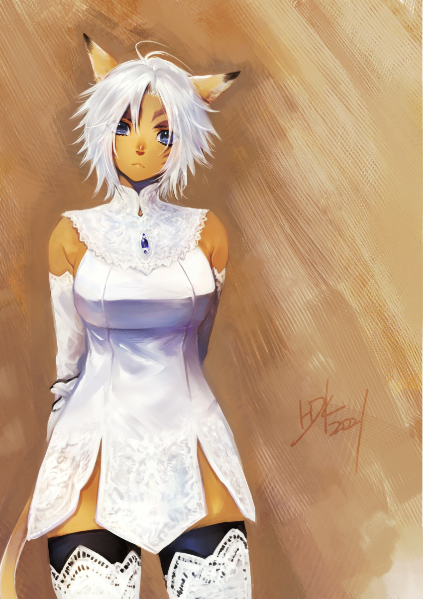 1girl animal_ears bangs blue_eyes breasts cat_ears cat_girl cat_tail cowboy_shot doraeshi dress elbow_gloves facial_mark final_fantasy final_fantasy_xi gloves highres looking_at_viewer medium_breasts mithra short_hair simple_background solo tail thighhighs whisker_markings white_dress white_gloves white_hair
