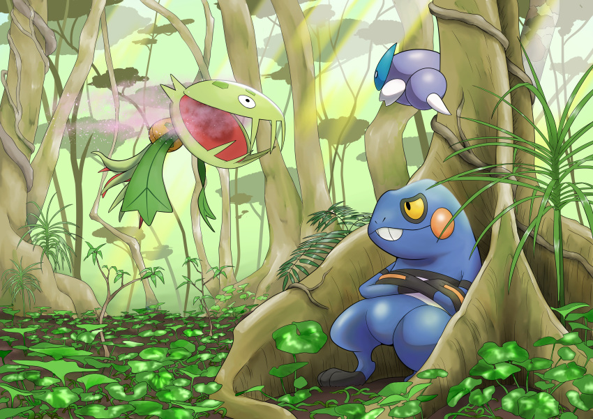 absurdres against_tree black_eyes carnivine colored_sclera croagunk crossed_arms day gen_4_pokemon highres no_humans open_mouth outdoors plant pokemon pokemon_(creature) powder q-chan skorupi sunlight tree yellow_sclera
