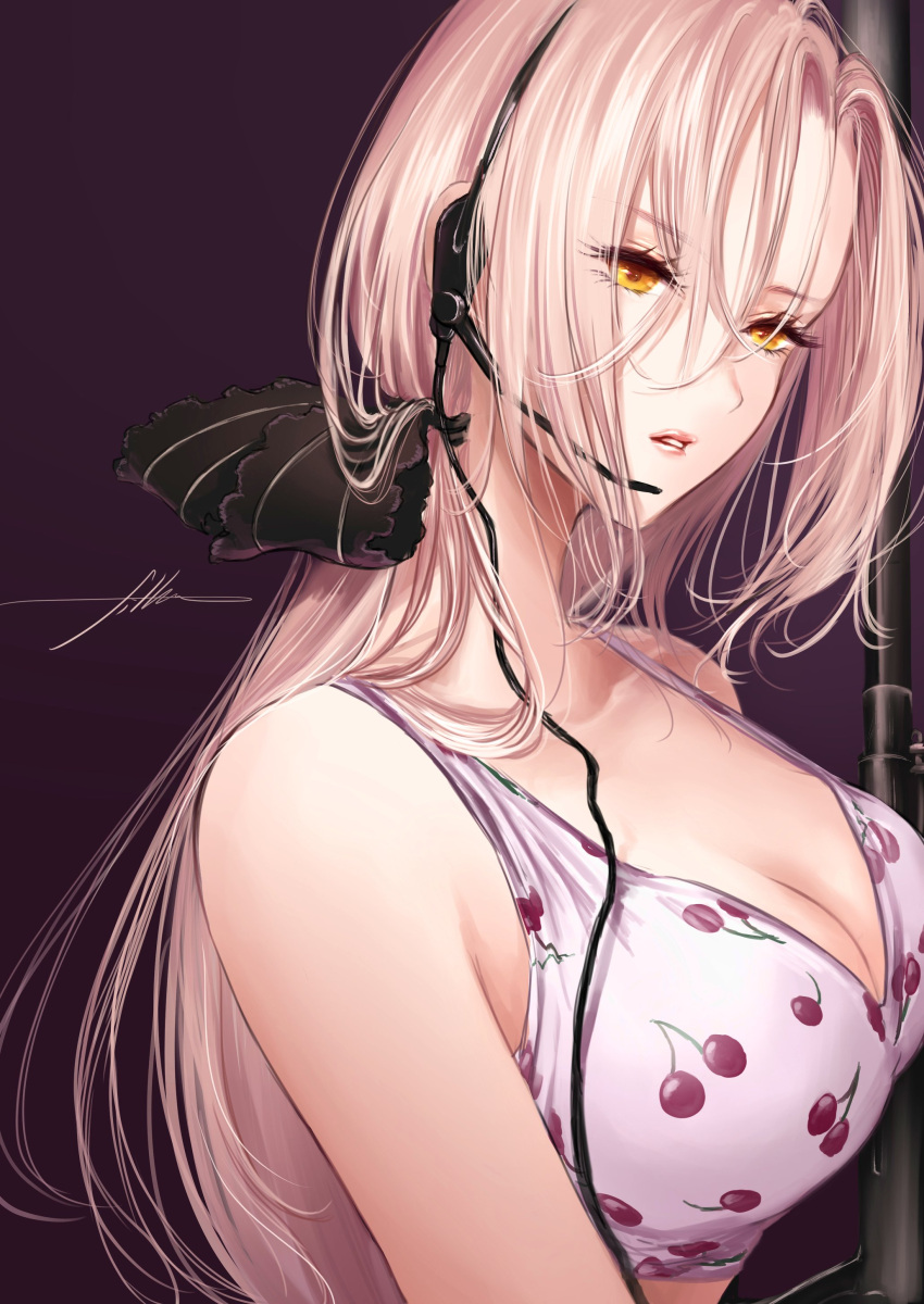 1girl absurdres assault_rifle aug_(girls_frontline) bangs bow breasts bullpup cherry_print cleavage filha food_print girls_frontline gun headphones highres large_breasts long_hair looking_at_viewer microphone parted_bangs platinum_blonde_hair purple_background ribbon rifle signature simple_background solo steyr_aug tank_top upper_body very_long_hair weapon yellow_eyes