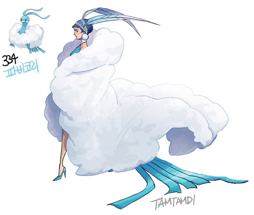 1girl altaria artist_name blue_footwear blue_hair coat creature_and_personification dress feather_hair_ornament feathers full_body gen_3_pokemon hair_ornament high_heels number personification pokedex_number pokemon pokemon_(creature) profile simple_background standing tamtamdi white_background white_coat