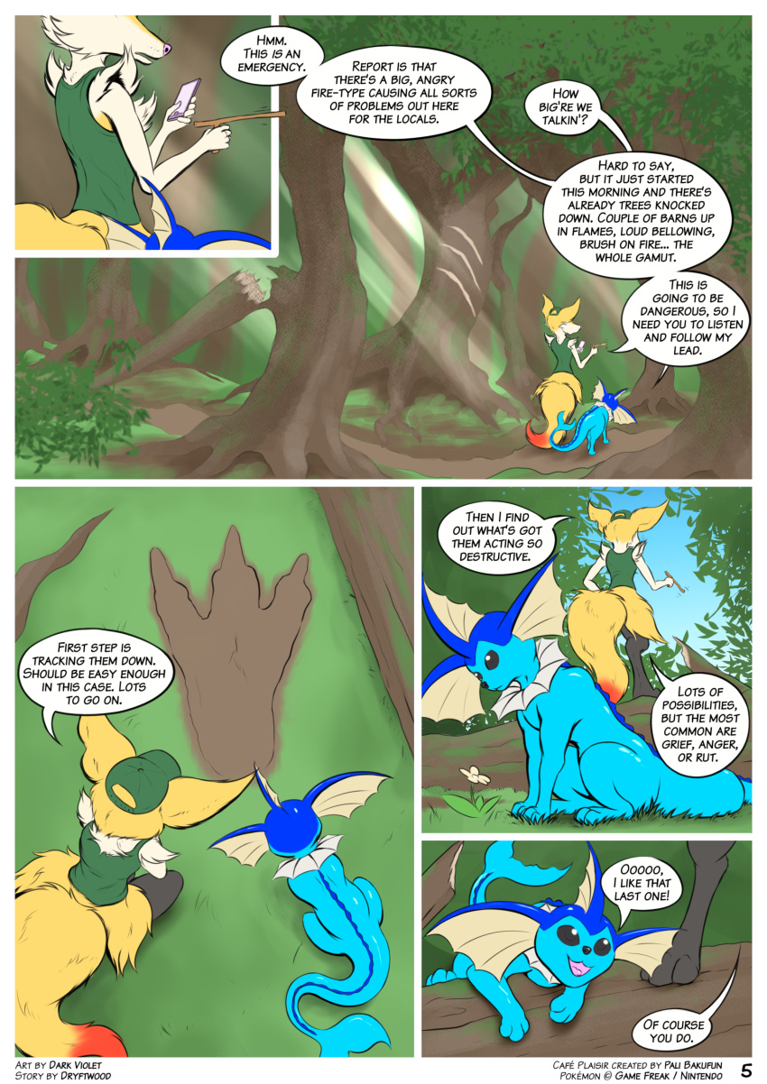 absurd_res amber_(cafe_plaisir) anthro braixen cafe_plaisir comic comic_page dark_violet dialogue dryftwood62 duo eeveelution english_text female feral flower footprint forest hi_res horn nintendo outside pawpads paws plant pok&eacute;mon pok&eacute;mon_(species) rain_flower_(cafe_plaisir) text tree vaporeon video_games