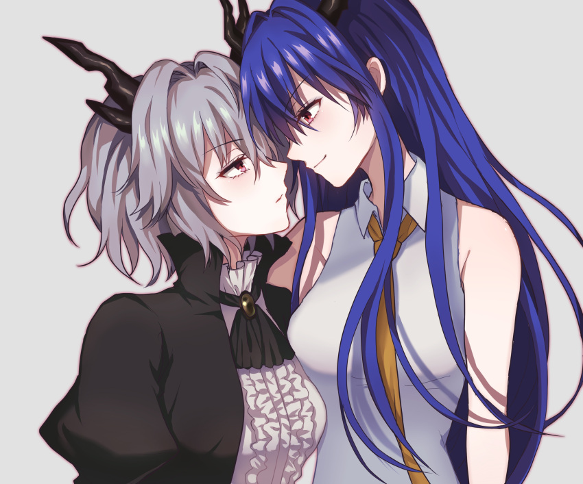 2girls absurdres arknights ascot bangs blue_hair breasts ch'en_(arknights) dragon_horns dress eyebrows_visible_through_hair grey_background grey_hair hair_down head_tilt height_difference highres horns imminent_kiss incest lelejiang long_hair looking_at_another medium_breasts messy_hair multiple_girls necktie profile red_eyes shirt short_hair siblings simple_background sisters sleeveless sleeveless_shirt talulah_(arknights) yellow_neckwear yuri