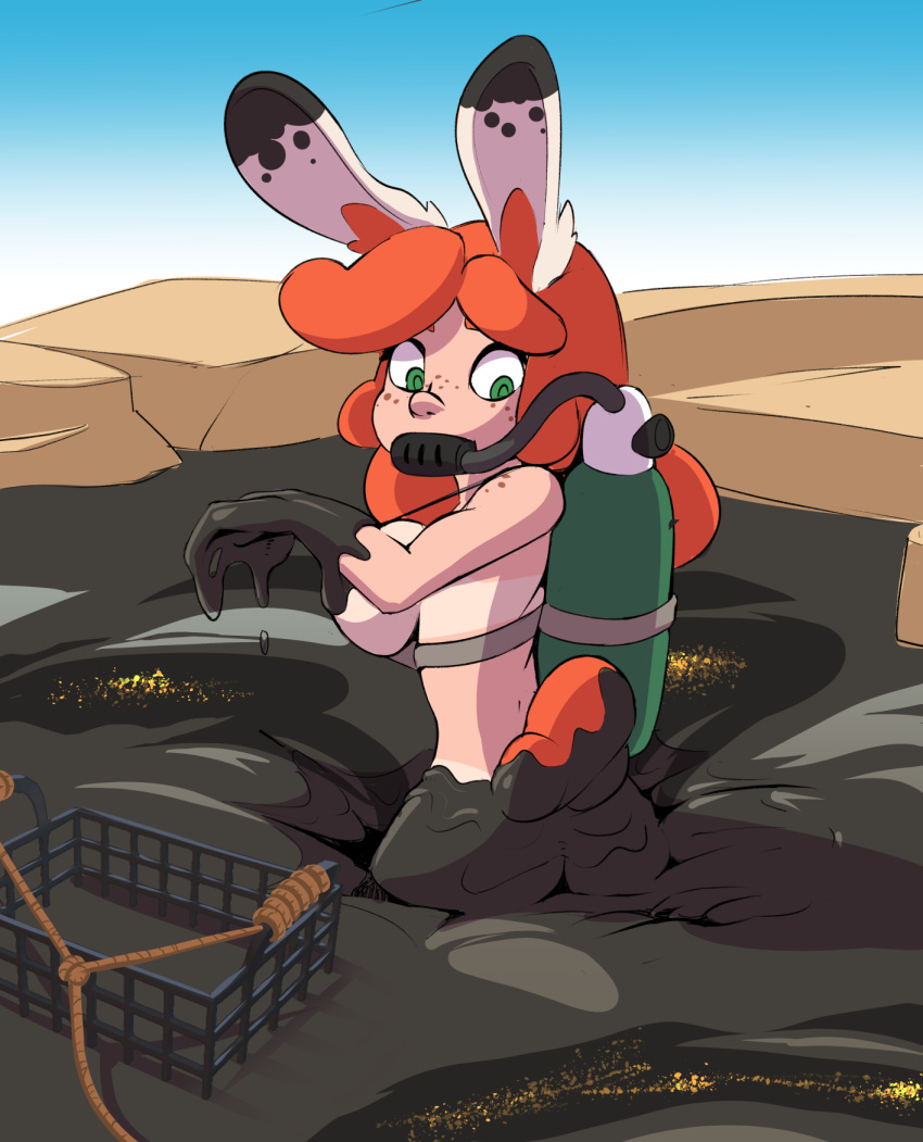 anthro blazera breasts butt dipstick_ears dripping female freckles fur green_eyes hair hi_res jessi lagomorph leporid long_ears long_hair looking_back mammal mostly_nude mud muddy multicolored_ears navel orange_hair orange_tail outside oxygen_tank partially_submerged pubes quicksand rabbit rear_view rope short_tail solo suntan tan_body tan_fur tan_line