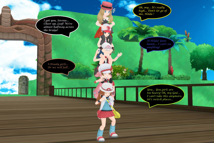 3d 5girls anger_vein baseball_cap beanie blue_eyes blue_hair blue_legwear boots bracelet bridge carrying cloud commentary covering_another's_eyes dawn_(pokemon) day dogpile english_commentary english_text fence flying_sweatdrops hands_on_another's_head hat hat_ribbon highres hilda_(pokemon) human_tower jewelry leaf_(pokemon) long_hair loose_socks lyra_(pokemon) multiple_girls one_eye_closed outdoors palm_tree piggyback pink_footwear pink_headwear pokemon pokemon_(game) pokemon_bw pokemon_dppt pokemon_frlg pokemon_hgss pokemon_xy red_ribbon red_skirt ribbon serena_(pokemon) shirt shoes shoulder_carry shoulderridelife skirt sky speech_bubble stacking standing teamwork thighhighs tree vest white_headwear wristband
