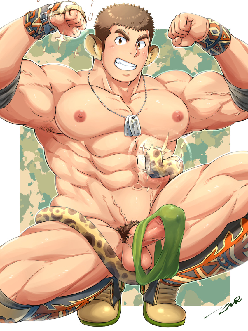 1boy abs animal_ears bara biceps blush briefs character_request dark-skinned_male dark_skin dog_tags erection erection_under_clothes flexing green_male_underwear highres jaguar_boy jaguar_ears jaguar_tail large_pectorals long_sideburns looking_at_viewer male_focus male_pubic_hair male_underwear muscular muscular_male navel nipples pectorals penis pose pubic_hair shoes short_hair sideburns solo sparkle squatting stomach tail thick_thighs thighs tokyo_houkago_summoners tptptpn underwear underwear_removed veins wrestling_outfit