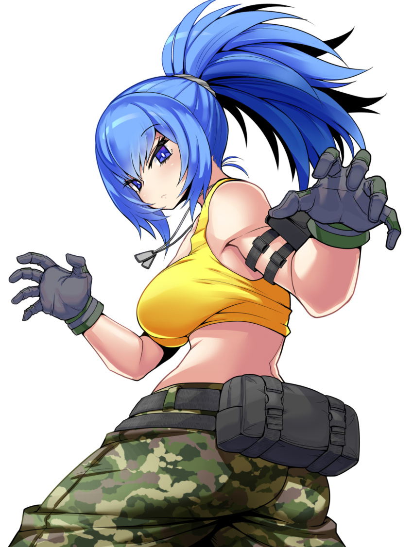 1girl ammunition_pouch armlet ass attack bare_shoulders blue_eyes blue_hair breasts camouflage camouflage_pants commentary_request dog_tags earrings gloves highres jewelry kara_age leona_heidern looking_at_viewer midriff pants paw_pose ponytail pouch sideboob simple_background sleeveless solo tank_top the_king_of_fighters the_king_of_fighters_xiv the_king_of_fighters_xv twisted_torso white_background yellow_tank_top