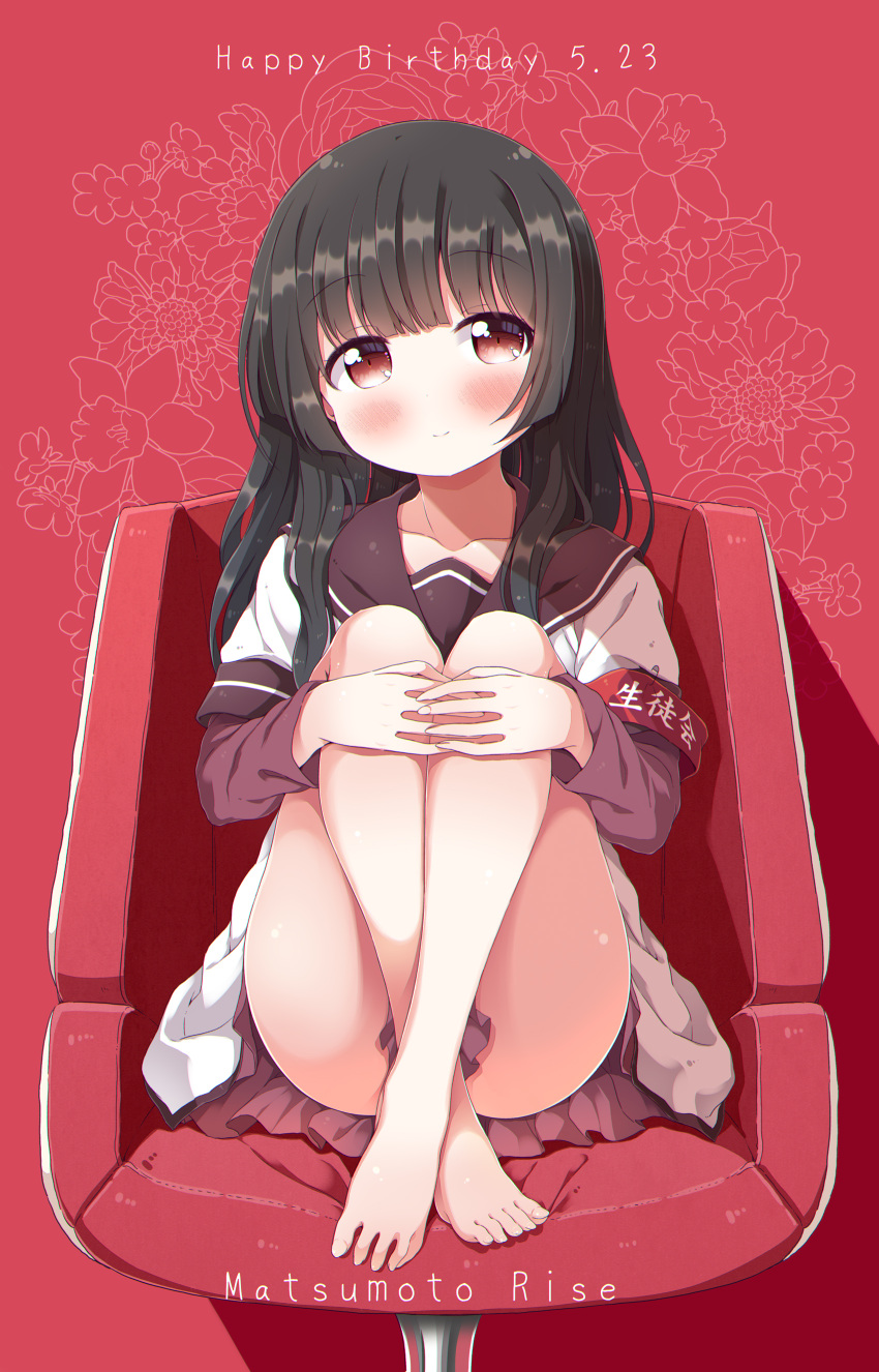 1girl absurdres armband bangs bare_legs barefoot birthday black_hair blouse blunt_bangs blush closed_mouth collarbone commentary_request convenient_leg dress eyebrows_visible_through_hair feet floral_background happy_birthday highres knees_up legs_together long_hair long_sleeves looking_at_viewer matsumoto_rise nanamori_school_uniform red_background red_dress red_eyes school_uniform serafuku sitting smile solo takahero thighs toes white_blouse yuru_yuri