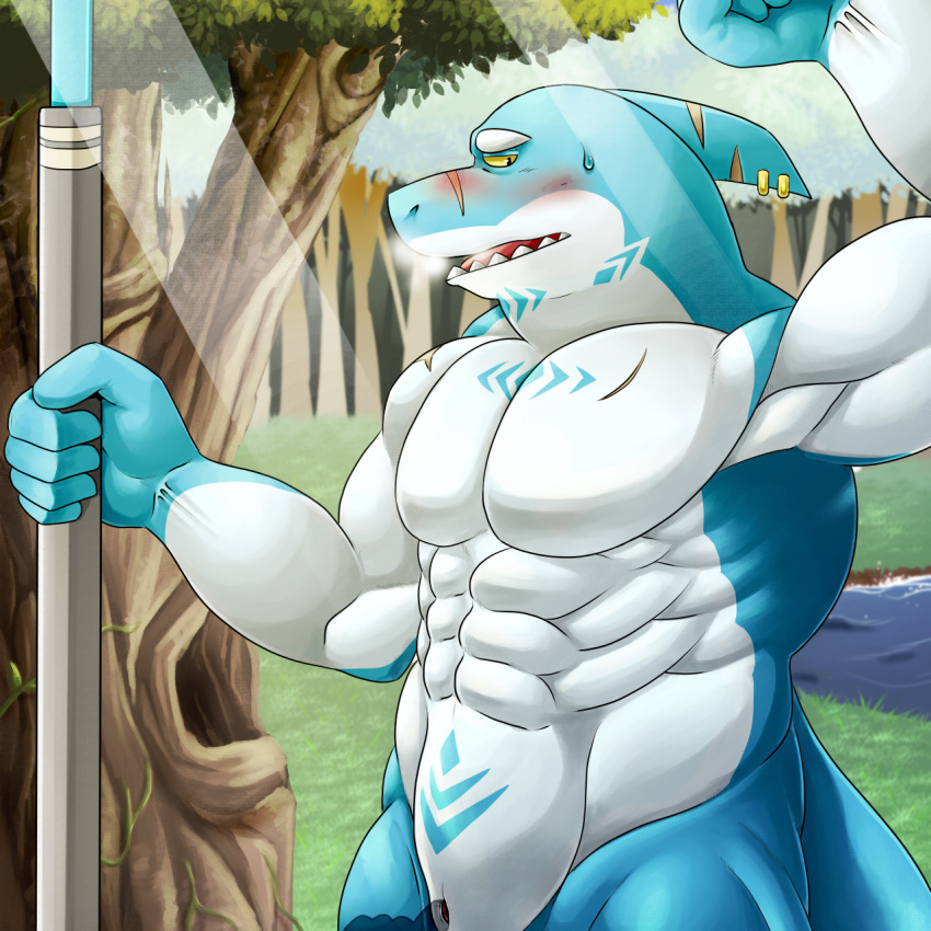 abs animal_genitalia anthro biceps blush cloaca cloacal cloacal_fingering duo fin fin_piercing fingering fish furgonomics furry-specific_piercing genitals hi_res isaribi live-a-hero male marine melee_weapon muscular muscular_anthro muscular_male nude pecs piercing polearm scar shark spear toorin video_games weapon