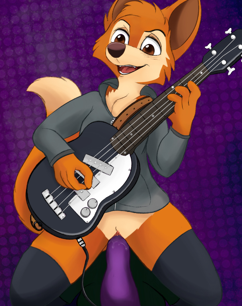 anthro bass_guitar blush bodily_fluids breasts canid canine clitoris clothed clothing darma_(rock_dog) digital_media_(artwork) dildo dildo_sitting female fox fur genital_fluids genitals guitar hi_res kneeling legwear looking_at_viewer mammal musical_instrument nude open_mouth penetration playing_guitar playing_music plucked_string_instrument pussy pussy_juice rock_dog sex_toy simple_background solo spread_legs spread_pussy spreading stockings string_instrument sweater topwear vaginal vaginal_penetration yosshi