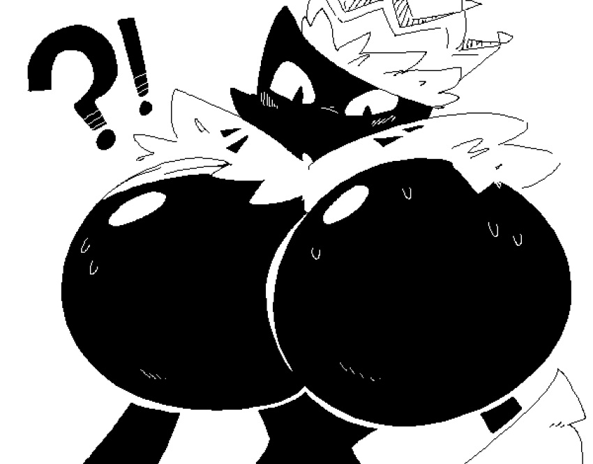 ! ? anonymous_artist anthro big_breasts black_and_white black_body blush bodily_fluids breast_expansion breasts cape clothing crown domestic_cat expansion felid feline felis female fluffy fluffy_collar hi_res huge_breasts inflation mammal monochrome mouthless ms_paint queen royalty skinny solo sweat