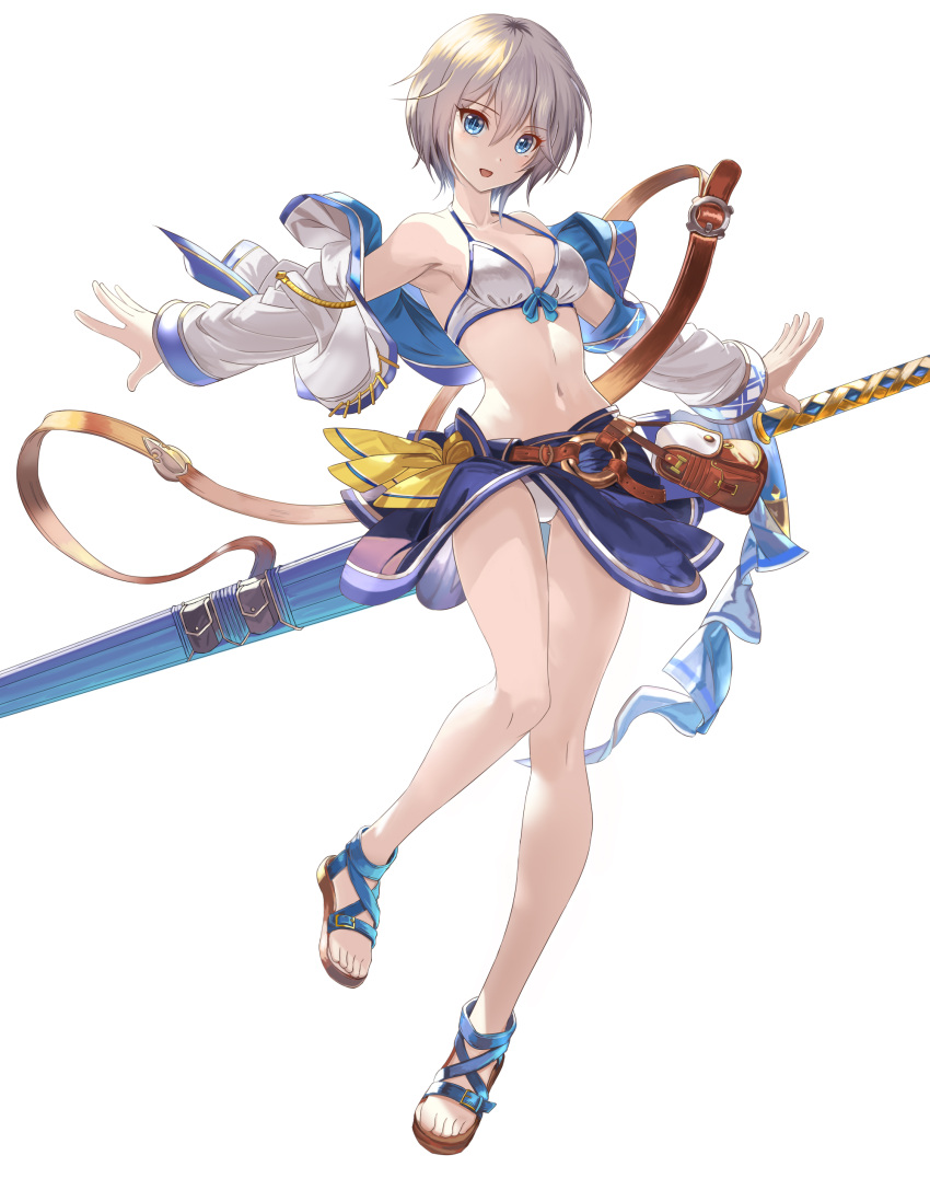 1girl absurdres anastasia_(idolmaster) armpits bare_legs bare_shoulders bikini blue_eyes breasts cosplay farrah_(granblue_fantasy) farrah_(granblue_fantasy)_(cosplay) front-tie_bikini front-tie_top full_body granblue_fantasy halter_top halterneck highres huge_weapon idolmaster idolmaster_cinderella_girls jacket long_sleeves looking_at_viewer medium_breasts midriff navel off_shoulder open_clothes open_jacket open_mouth outstretched_arms sandals sarong sheath sheathed short_hair silver_hair smile solo stomach strap string_bikini swimsuit sword taka_(takahirokun) thighs weapon white_bikini white_jacket