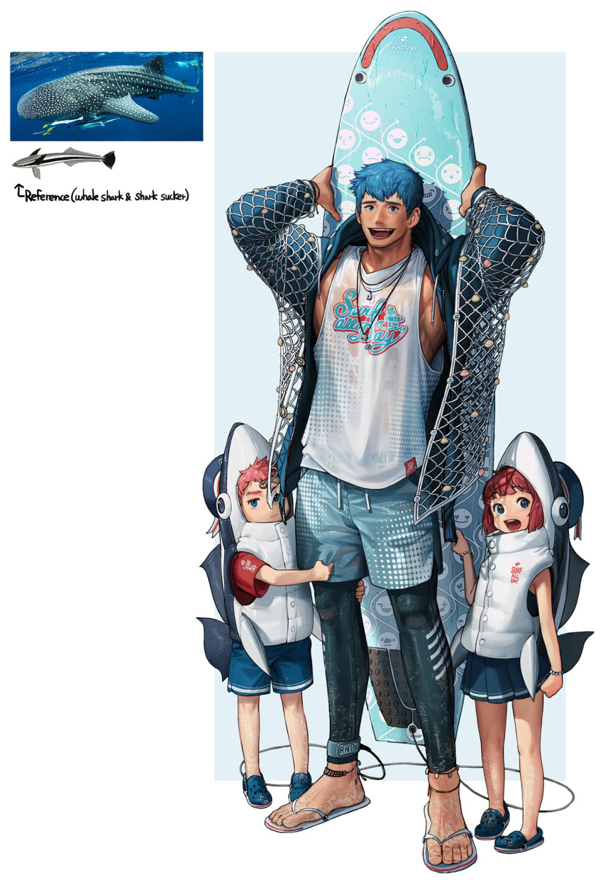 1girl 2boys animal_costume blue_hair brother_and_sister child family father_and_daughter father_and_son fishnet_fabric height_difference highres legwear_under_shorts multiple_boys muscular muscular_male orange_hair original personification remora rinotuna sandals shark_costume short_hair shorts siblings surfboard tank_top whale_shark