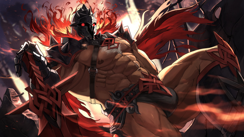 1boy abs bara bare_pectorals bellsaltr black_male_underwear briefs bulge cape chest_hair chest_harness embers fire gauntlets glowing glowing_eyes harness helmet highres large_pectorals looking_at_viewer male_focus male_underwear muscular muscular_male navel navel_hair nipples pectorals planted_sword planted_weapon red_cape red_eyes revealing_clothes skindentation solo spiked_helmet stomach surtr_(tokyo_houkago_summoners) sword thick_thighs thighs tokyo_houkago_summoners underwear weapon