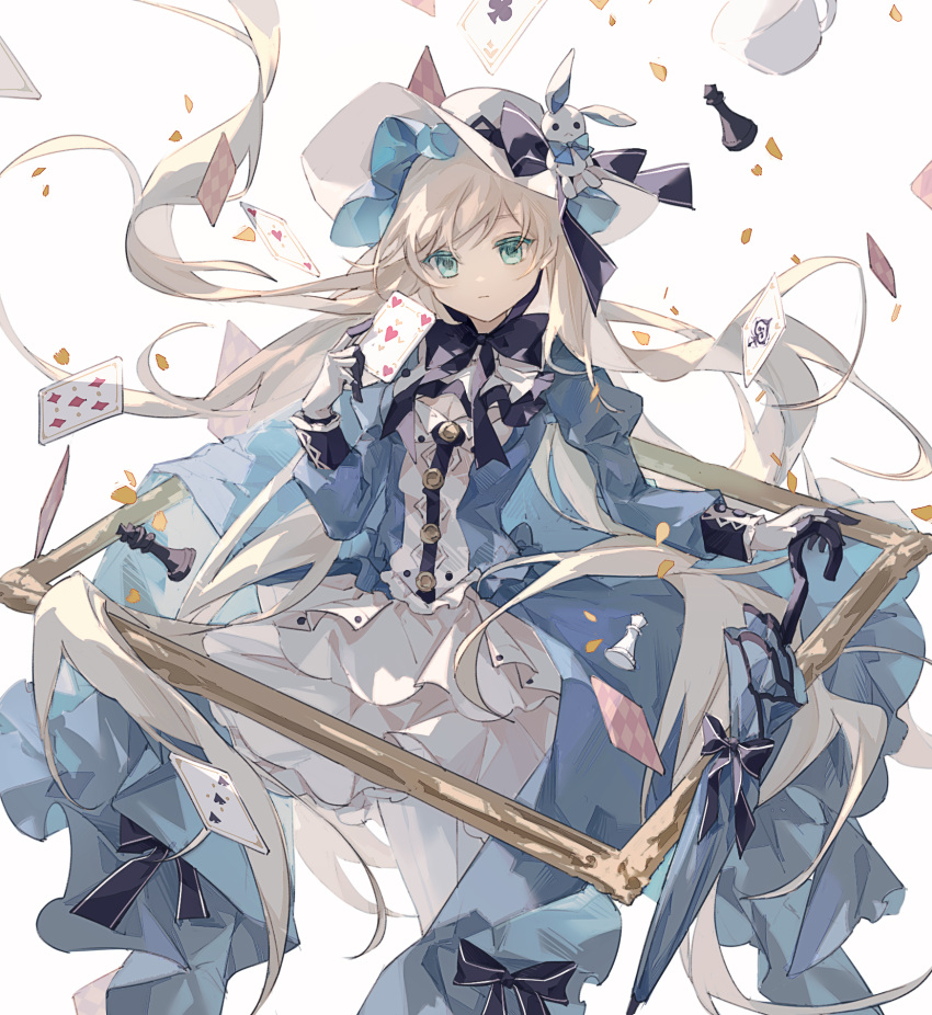 1girl alice_(arcaea) aqua_eyes arcaea bangs black_bow blonde_hair blue_dress blue_umbrella bow breasts buttons card chess_piece cleavage closed_mouth closed_umbrella club_(shape) commentary cup diamond_(shape) dress empty_picture_frame feet_out_of_frame frills gloves hand_up hat hat_bow heart highres holding holding_card holding_umbrella juliet_sleeves long_hair long_sleeves looking_at_viewer mechari mug picture_frame playing_card puffy_sleeves sleeve_cuffs small_breasts solo spade_(shape) standing stuffed_animal stuffed_bunny stuffed_toy swept_bangs thighhighs umbrella very_long_hair white_dress white_headwear white_legwear