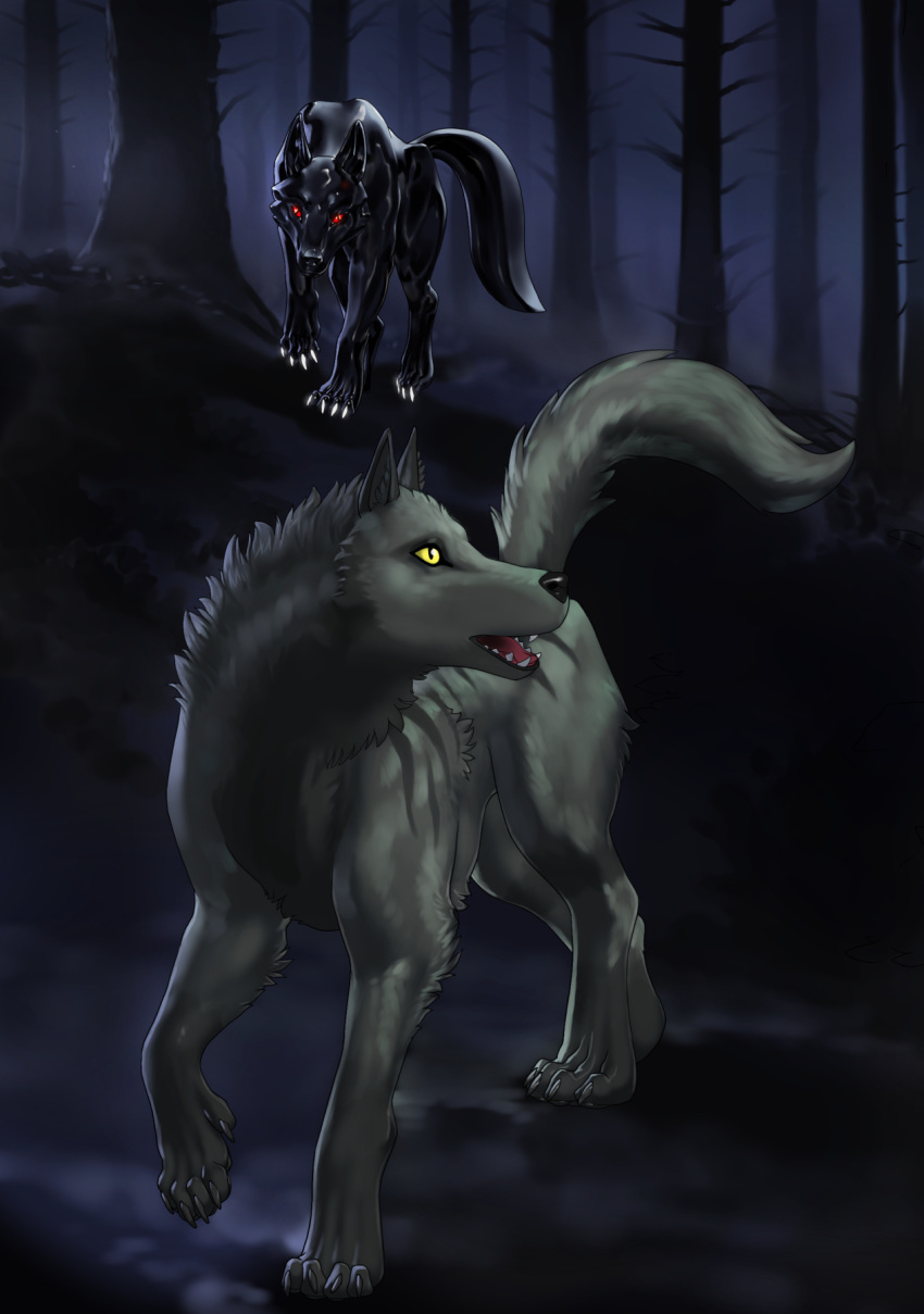 2021 ambiguous_gender canid canine canis detailed_background digital_media_(artwork) duo feral forest fur grey_body grey_fur hi_res mammal night outside plant rakisha red_eyes tree wolf