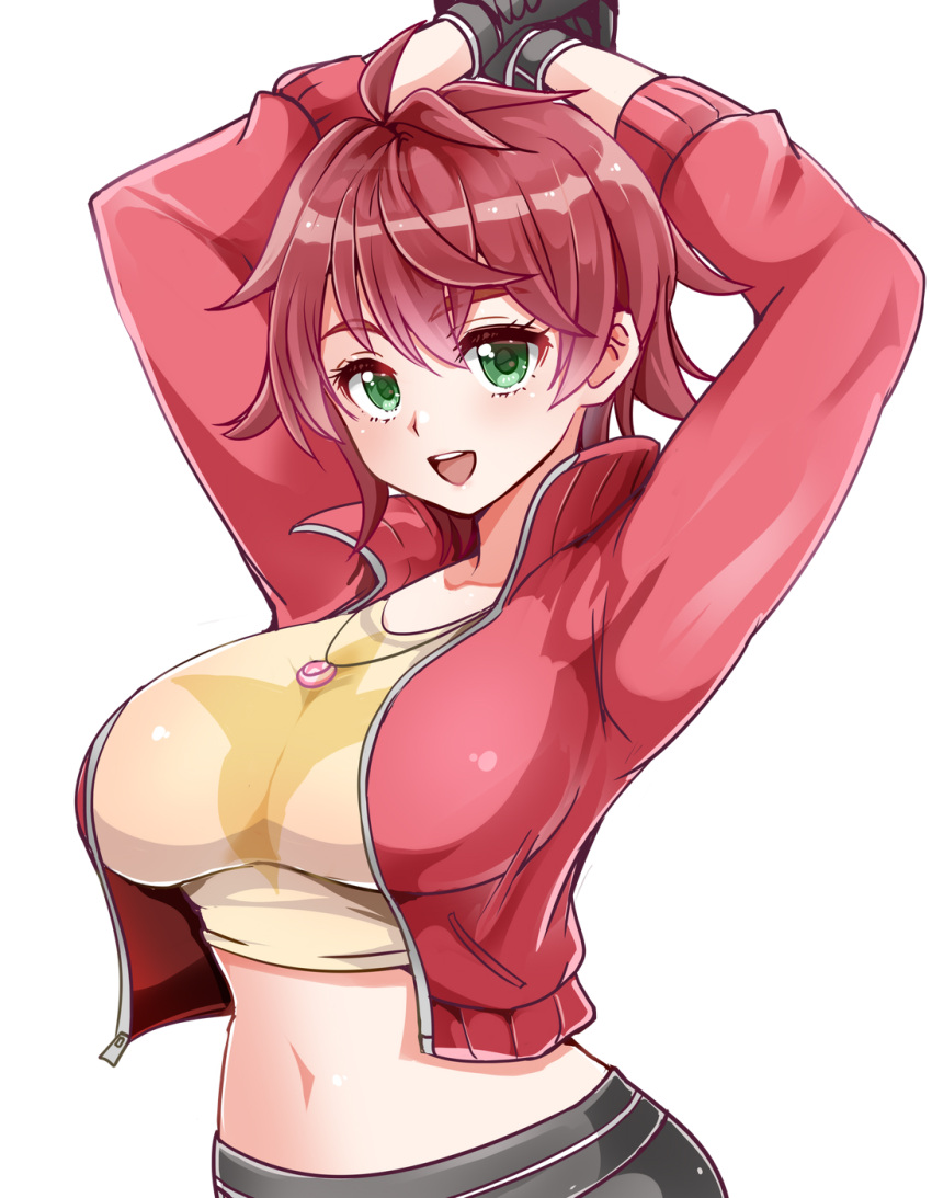 1041_(toshikazu) 1girl bangs black_gloves black_pants breasts cropped_shirt eyebrows_visible_through_hair gloves green_eyes hands_up highres jacket large_breasts midriff navel ousumi_mamiya pants red_hair red_jacket sakura_kakumei sakura_taisen shirt short_hair smile solo t-shirt yellow_shirt