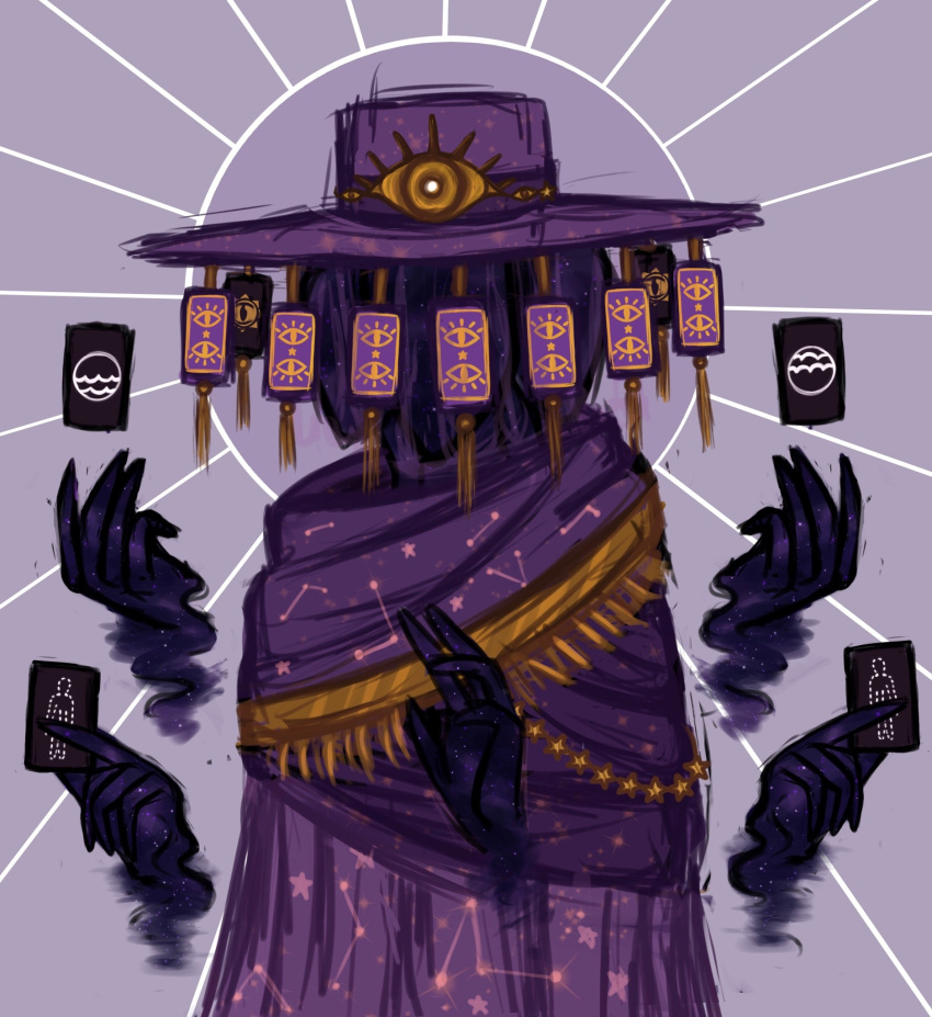 1other blaseball card colored_skin constellation_print covered_face english_commentary gold_trim hands hat_ornament highres purple_background purple_headwear purple_robe purple_skin seascraperr simple_background tarot the_reader_(blaseball)