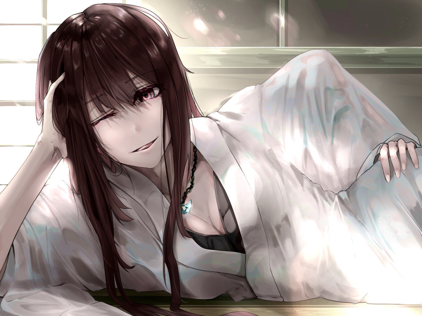 1girl alternate_costume arm_support breasts brown_eyes brown_hair cleavage eyebrows_visible_through_hair fate/grand_order fate_(series) hair_between_eyes hand_on_hip highres japanese_clothes jewelry kimono licking_lips long_hair looking_at_viewer lying magatama magatama_necklace medium_breasts necklace oda_nobunaga_(fate) oda_nobunaga_(fate)_(all) on_back one_eye_closed pikouros4869 smile solo tongue tongue_out wooden_floor yukata