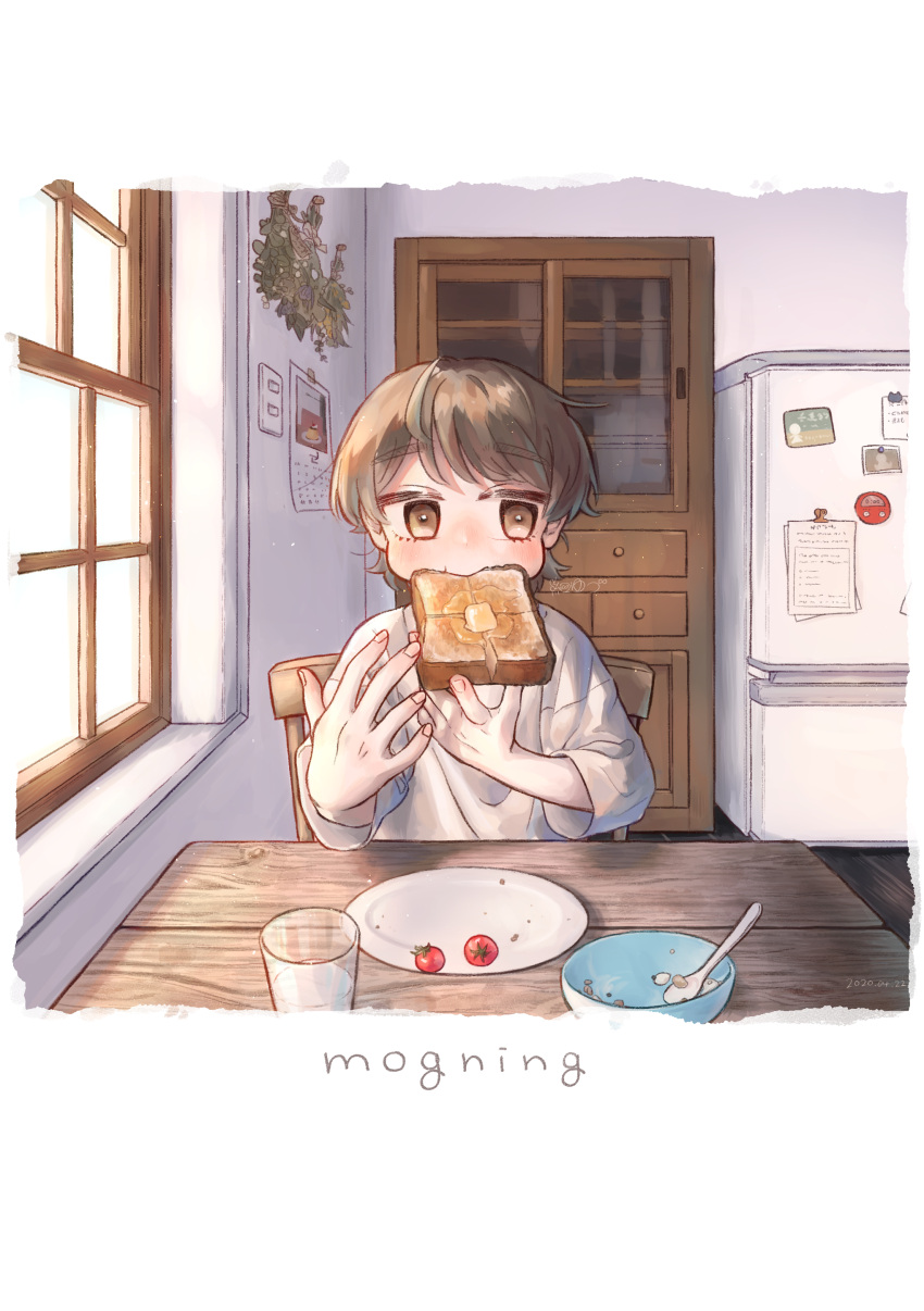 1girl absurdres blush bowl breakfast brown_hair cherry_tomato eating eyebrows_visible_through_hair food food_in_mouth highres looking_at_viewer milk mouth_hold original puffy_cheeks refrigerator sasame_yudu short_hair solo spoon toast toast_in_mouth tomato