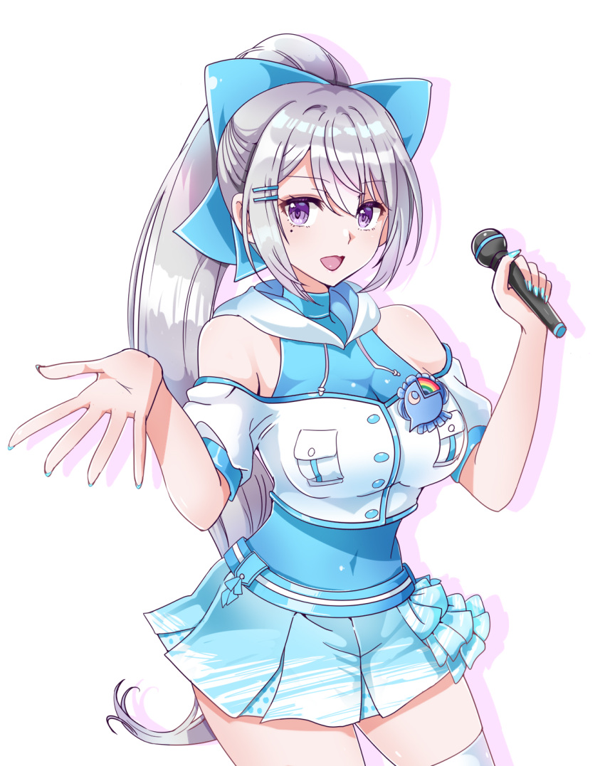 1041_(toshikazu) 1girl bangs blue_bow blue_nails blue_skirt bow covered_navel hair_behind_ear hair_bow hair_ornament hairclip highres higuchi_kaede holding holding_microphone hood long_hair looking_at_viewer microphone nail_polish nijisanji off_shoulder open_mouth ponytail purple_eyes silver_hair skirt smile solo thighhighs very_long_hair virtual_youtuber