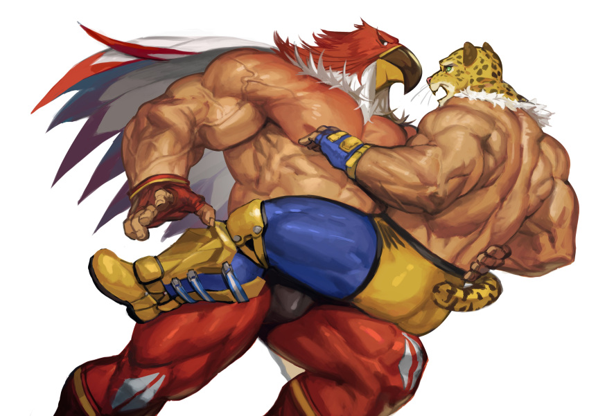 5_fingers abs absurd_res animal_head avian back_muscles beak biceps bottomwear clothing duo feathers felid fingerless_gloves fingers footwear for_a_head fur gloves green_eyes handwear hi_res humanoid_hands jaguar king_(tekken) king_of_fighters male mammal multicolored_body multicolored_feathers muscular muscular_male muscular_thighs nipples open_mouth pantherine pecs red_body red_feathers shirtless shoes simple_background spots spotted_body spotted_fur spotted_tail tan_body tan_skin tekken tizoc traver009 triceps two_tone_body two_tone_feathers veiny_muscles video_games white_background white_body white_feathers wrestler wrestling_outfit yellow_body yellow_fur yellow_tail