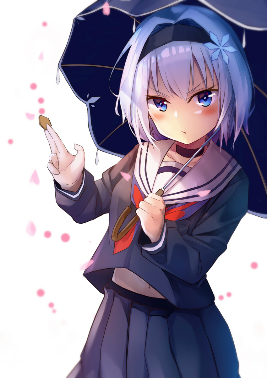 1girl bangs black_serafuku black_skirt blue_hair blush bow bowtie choker closed_mouth collarbone cowboy_shot eyebrows_visible_through_hair hairband hands_up highres holding holding_umbrella ikada_sora long_sleeves looking_at_viewer medium_hair pleated_skirt purple_eyes ryuuou_no_oshigoto! sailor_collar school_uniform serafuku sidelocks skirt solo sora_ginko standing umbrella white_background