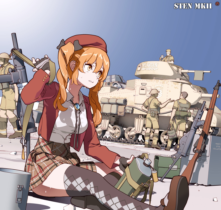 1girl 4boys absurdres argyle asymmetrical_legwear beret black_gloves breasts british canteen circle_a collared_shirt commentary_request fingerless_gloves girls_frontline gloves grifon_&amp;_kryuger ground_vehicle gun hair_between_eyes hat highres jacket lee-enfield long_hair long_sleeves m3_grant medium_breasts military military_uniform military_vehicle motor_vehicle multiple_boys orange_eyes orange_hair outdoors plaid plaid_skirt red_headwear red_jacket rifle shirt sitting skirt sky sling socks soldier sten_gun sten_mk2_(girls_frontline) submachine_gun sweat tank thighhighs twintails uniform weapon white_shirt