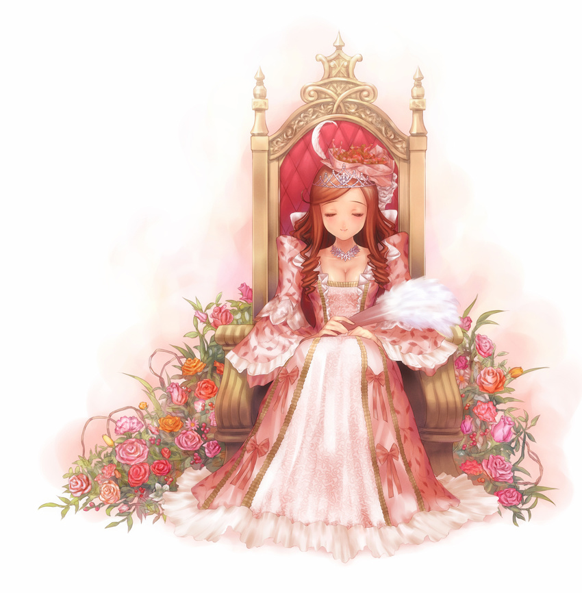 brown_hair cleavage closed_eyes crown curly_hair dress flowers goto-p long_hair necklace princess smile throne