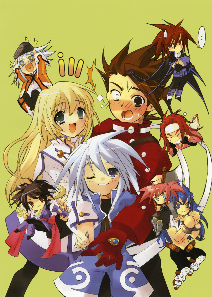 4girls 5boys :3 abs absurdres axe breasts chibi cleavage collet_brunel crossed_arms everyone fujibayashi_shiina genius_sage grin heart heart_in_mouth highres itou_noiji kratos_aurion lloyd_irving medium_breasts multiple_boys multiple_girls open_mouth presea_combatir red_shirt refill_sage regal_bryan shirt smile sweatdrop sword tales_of_(series) tales_of_symphonia weapon zelos_wilder